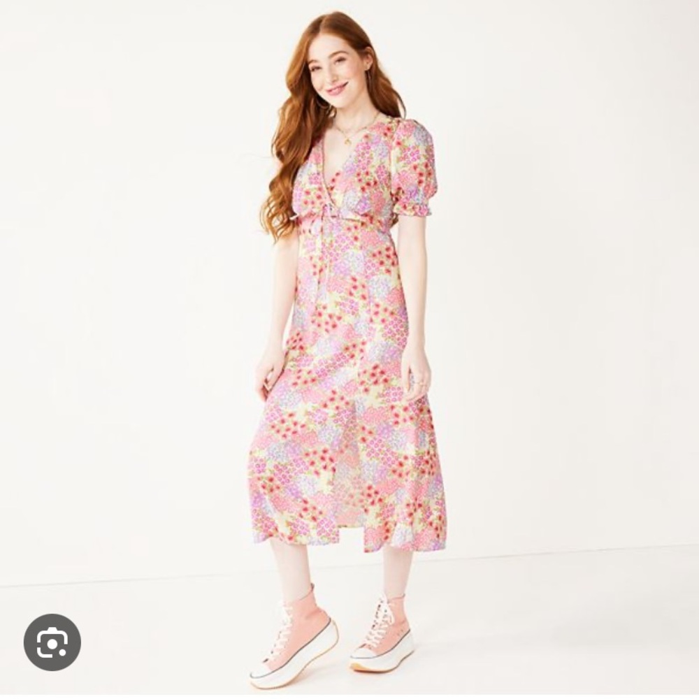 SO Puffed sleeve side slit floral midi dress XS